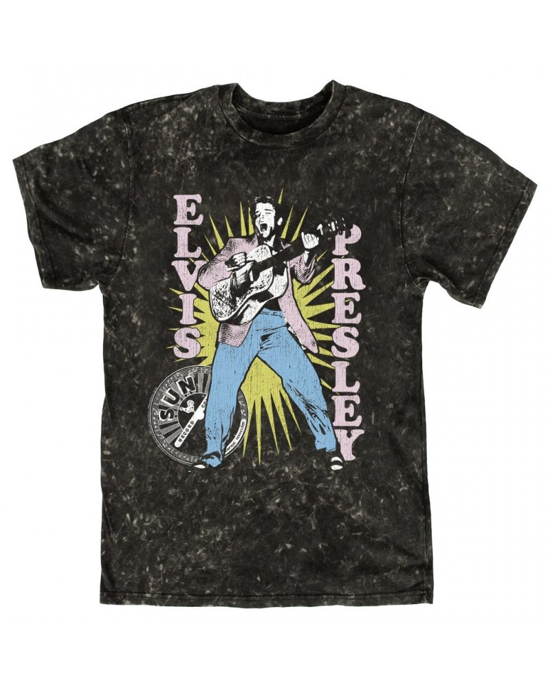 Elvis Presley Sun Records T-shirt | Singing In Burst Distressed Sun Records Mineral Wash Shirt $9.28 Shirts