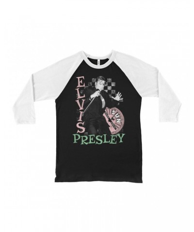 Elvis Presley Sun Records 3/4 Sleeve Baseball Tee | Pink Green Singing Checkered Design Sun Records Shirt $13.18 Shirts