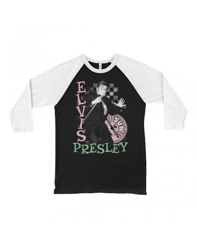 Elvis Presley Sun Records 3/4 Sleeve Baseball Tee | Pink Green Singing Checkered Design Sun Records Shirt $13.18 Shirts