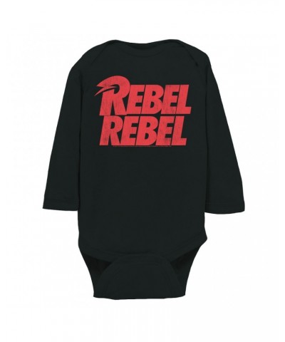 David Bowie Long Sleeve Bodysuit | Rebel Rebel Logo Distressed Bodysuit $9.86 Shirts