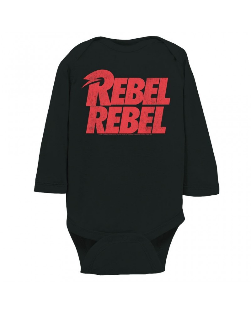 David Bowie Long Sleeve Bodysuit | Rebel Rebel Logo Distressed Bodysuit $9.86 Shirts