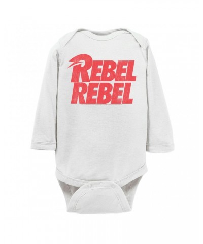 David Bowie Long Sleeve Bodysuit | Rebel Rebel Logo Distressed Bodysuit $9.86 Shirts